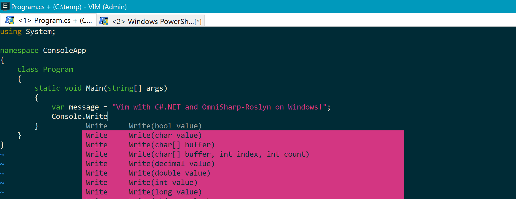 Vim with C#.NET Core and OmniSharp-Roslyn on Windows